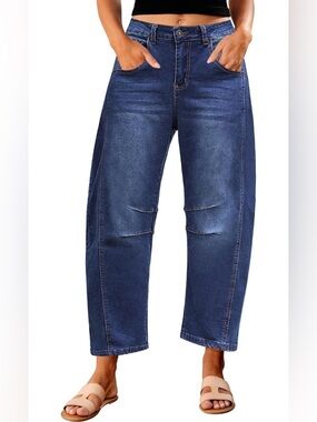 Barrel Jeans Trendy High Waisted Wide Leg Baggy Cropped Relax Fit Stretch